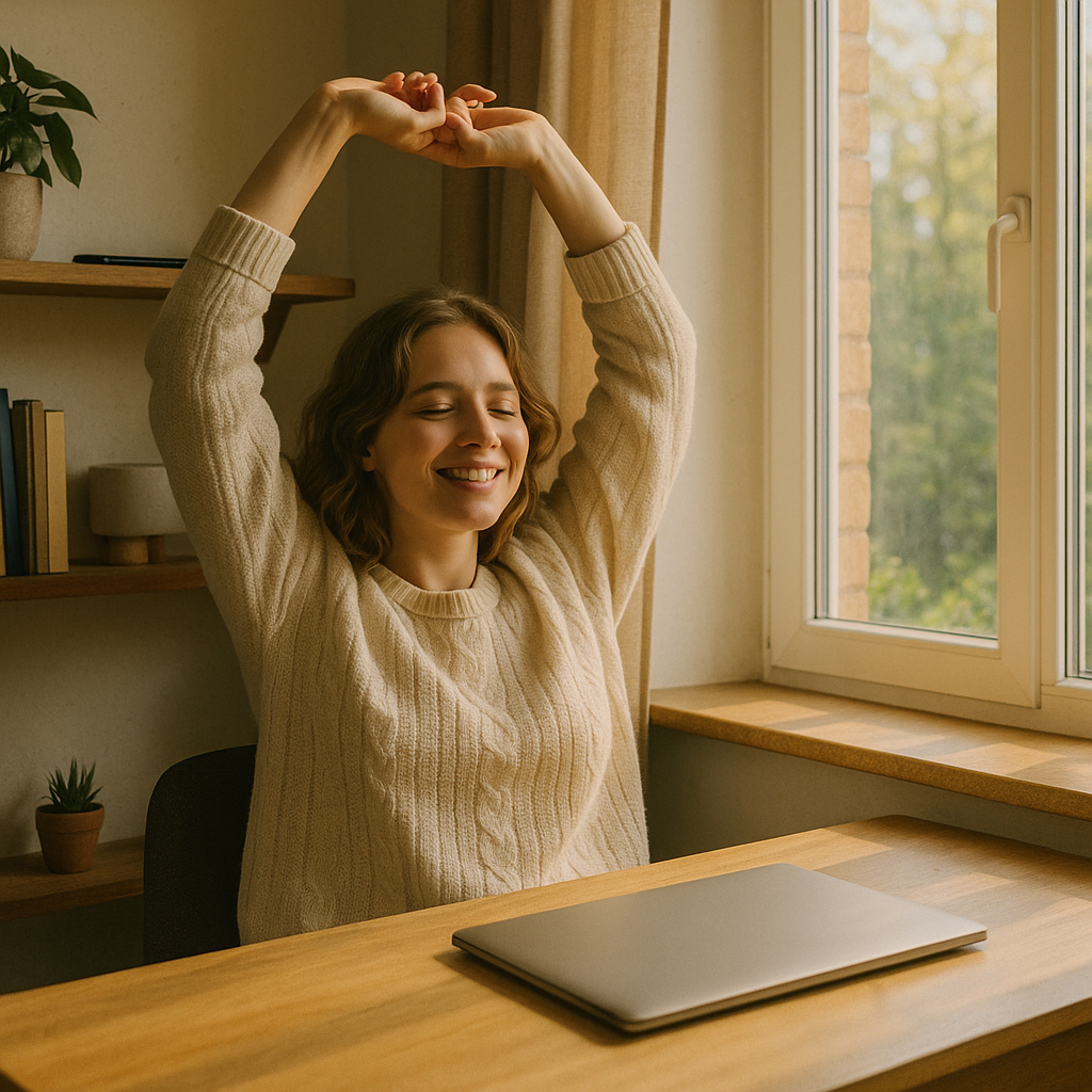 Relaxed person taking a screen break in a home office to support balance between digital overload and mental health.
