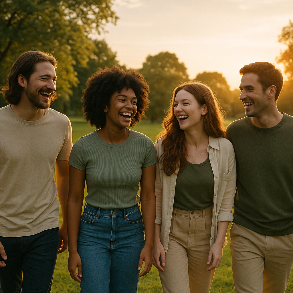 Group of friends enjoying offline time in nature to protect their baseline from digital overload and mental health pressures.