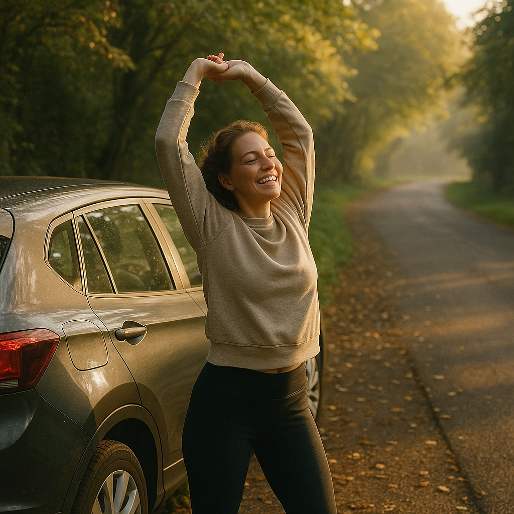 Driver taking a stretch break to ease car commute health effects during a long journey