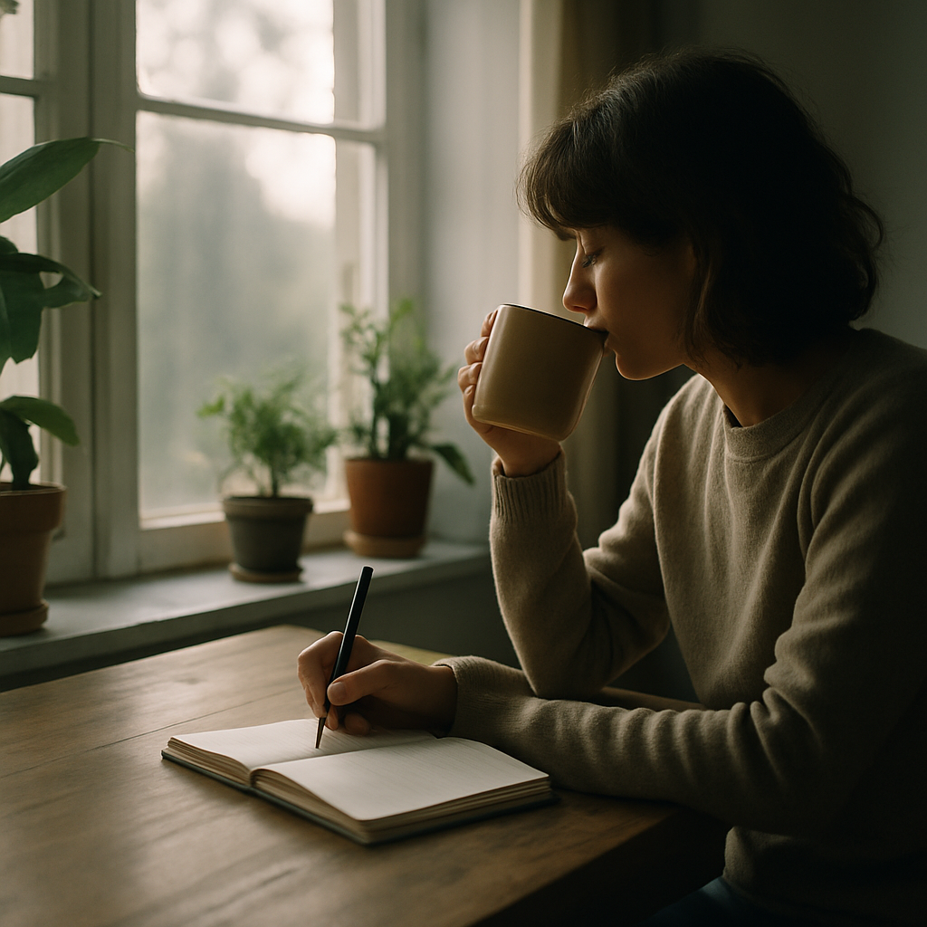 Person journalling by a window as part of a morning routine for better mental health