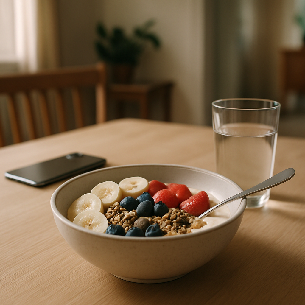 Balanced breakfast and tech free start as part of a morning routine for better mental health