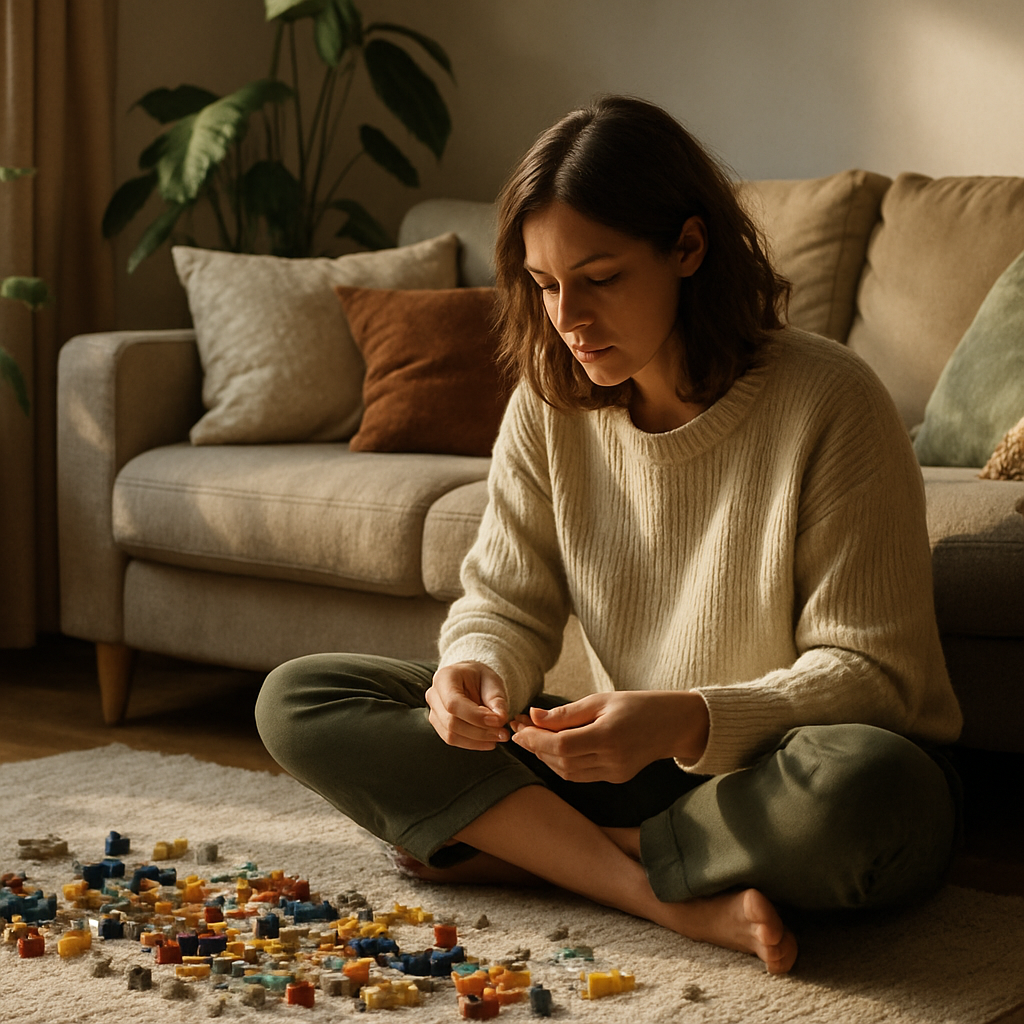 Woman practising mindful hobbies for stress relief with a calming puzzle in a cosy living room