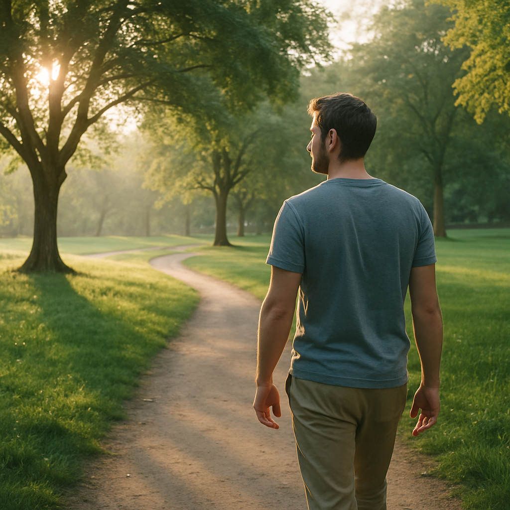 Man on a mindful walk using mindful hobbies for stress relief in a peaceful park