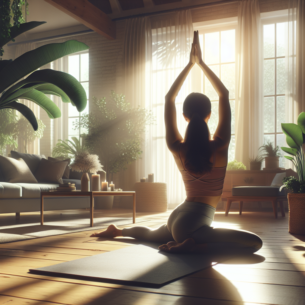 Gentle yoga as part of morning mindfulness routines in a bright living room
