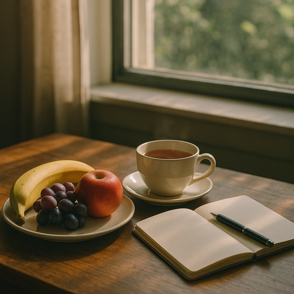 Mindful breakfast scene supporting morning mindfulness routines with tea, fruit and a journal