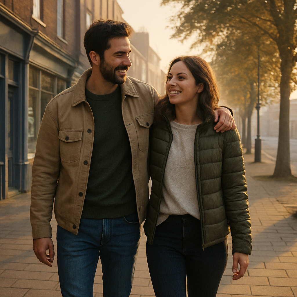 Couple enjoying morning exercise by walking to your town centre with shops and trees around them