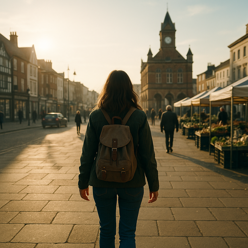 Woman starting her day by walking to your town centre for a healthy morning routine