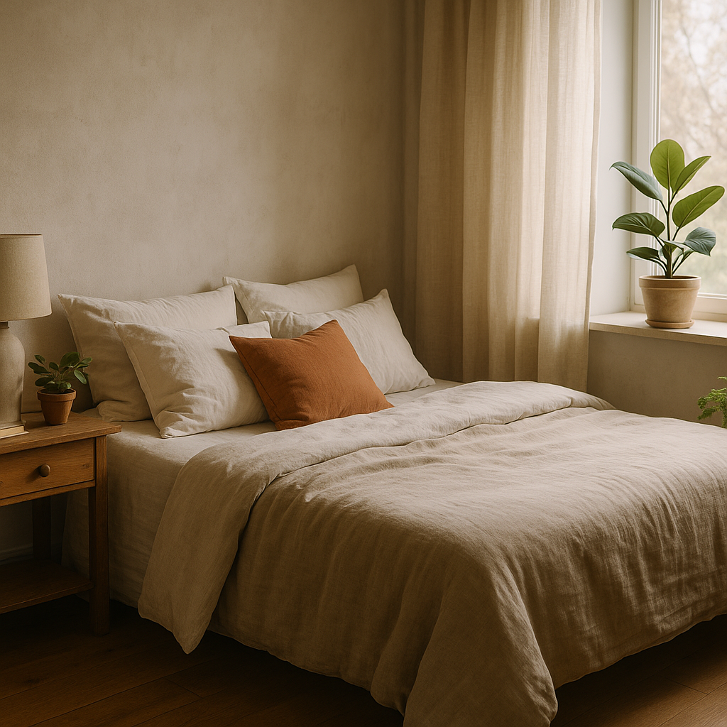 Calming bedroom showing biophilic home design for wellbeing with soft textures and greenery