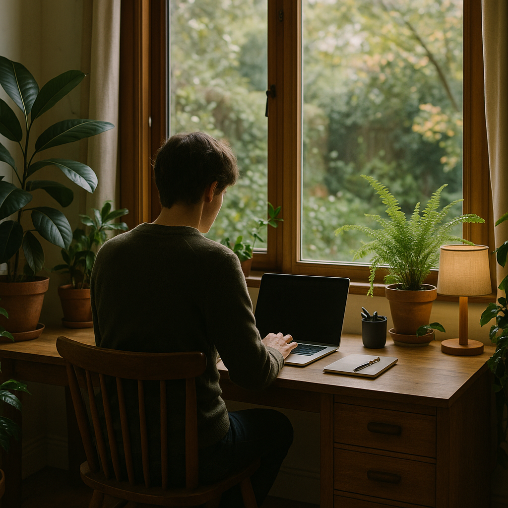 Home workspace arranged with biophilic home design for wellbeing including plants and garden view