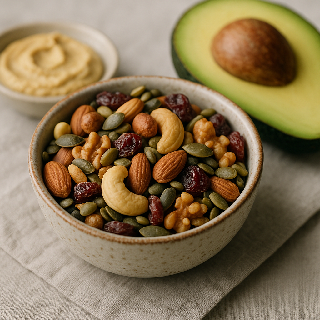 Close-up of healthy snacks including nuts, seeds, avocado, and hummus for balanced energy