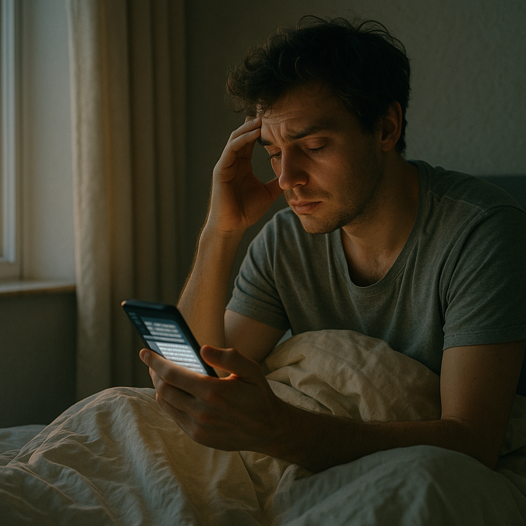 Person in bed looking anxious while scrolling on their phone, illustrating how to stop doomscrolling and protect morning wellbeing.