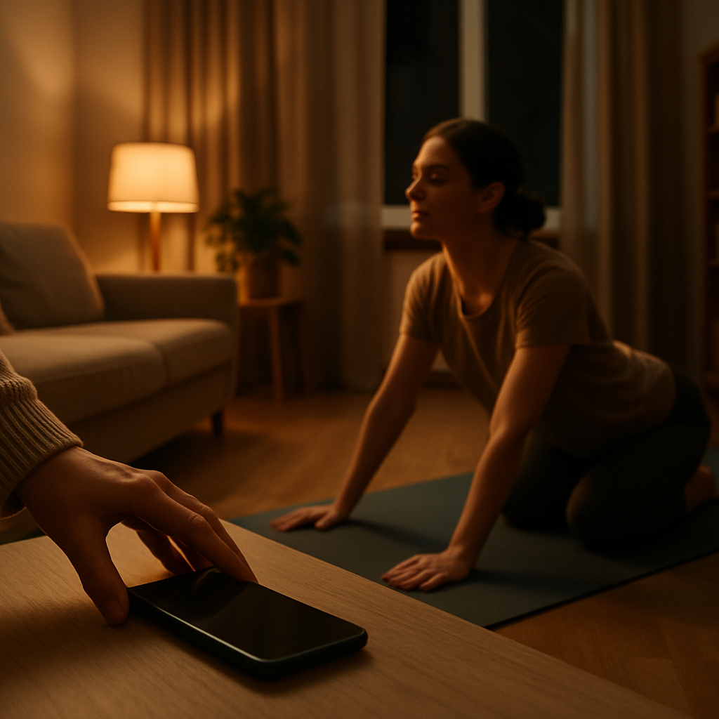 Relaxed person putting their phone away and stretching in a cosy living room as part of a routine for how to stop doomscrolling.