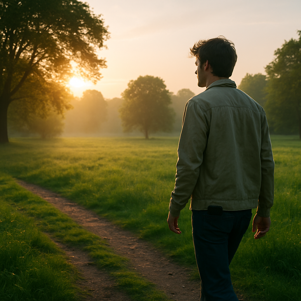Person walking in a peaceful park at sunrise with their phone away, showing a mindful strategy for how to stop doomscrolling.