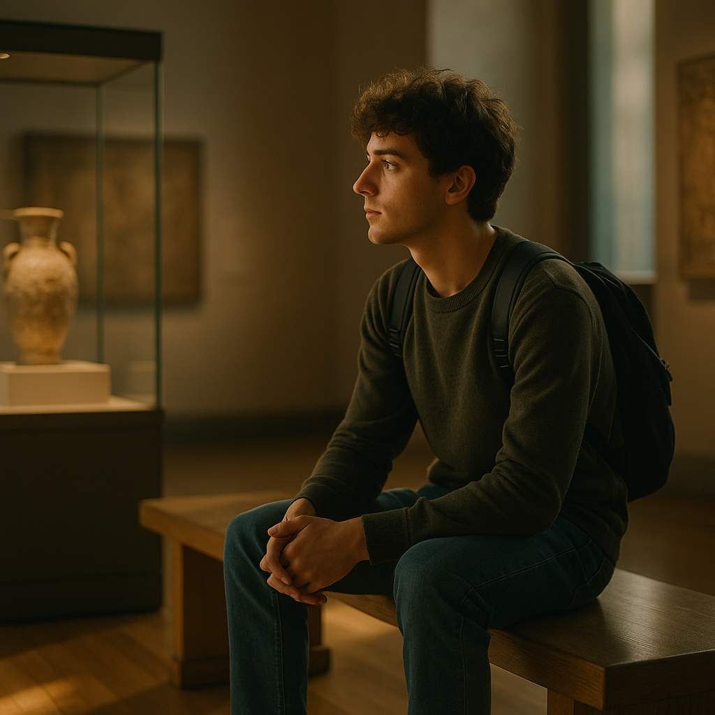 Person reflecting in a peaceful gallery space to support museum visits and mental health