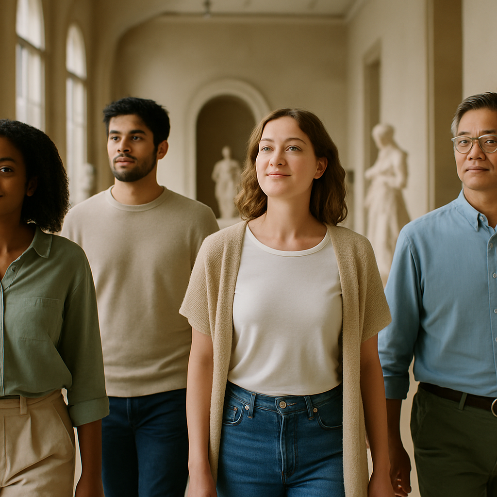 Visitors moving calmly through an exhibition illustrating museum visits and mental health