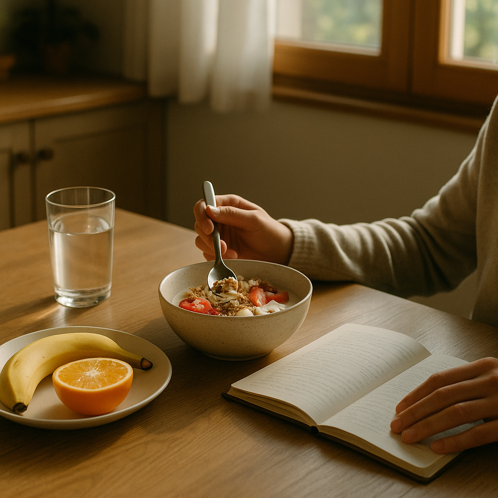 Healthy breakfast and journaling forming a simple morning routine for better mental health
