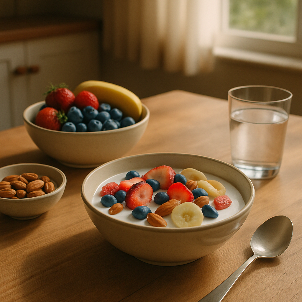 Balanced breakfast with yoghurt, fruit and water supporting a healthy morning routine