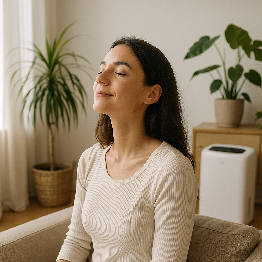 Woman relaxing in a bright living room supported by balanced humidity control at home