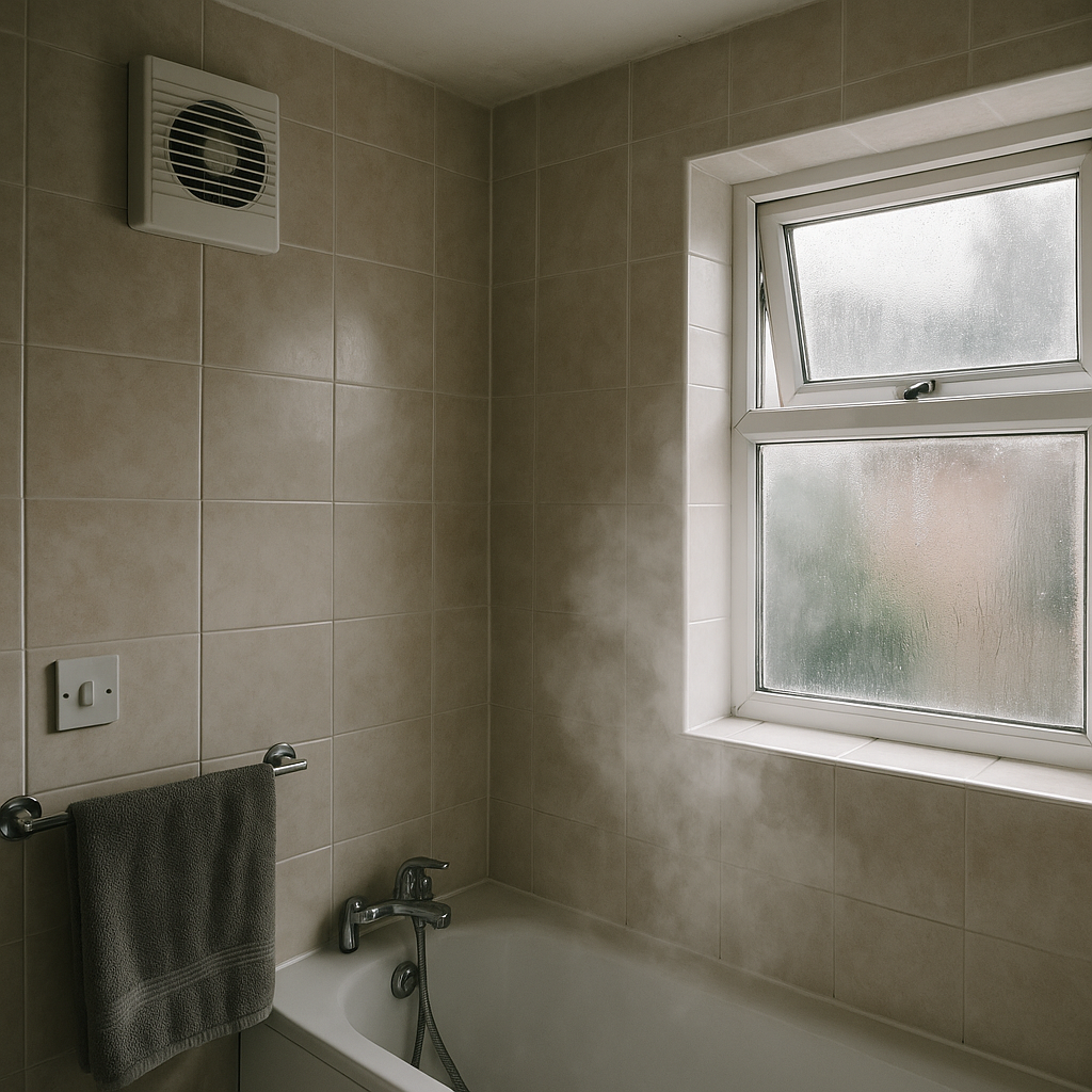 Modern bathroom using extractor fan and open window for better humidity control at home