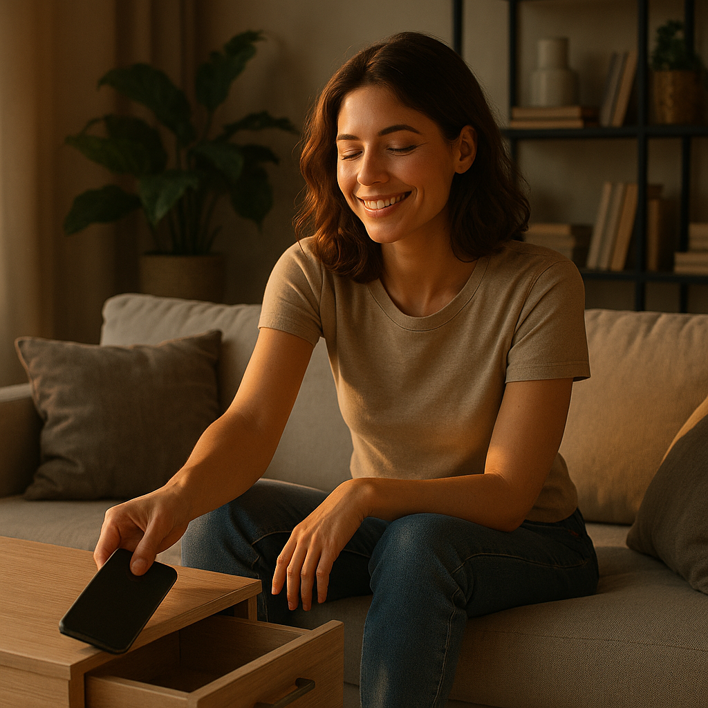 Woman setting boundaries with her phone as part of digital wellbeing