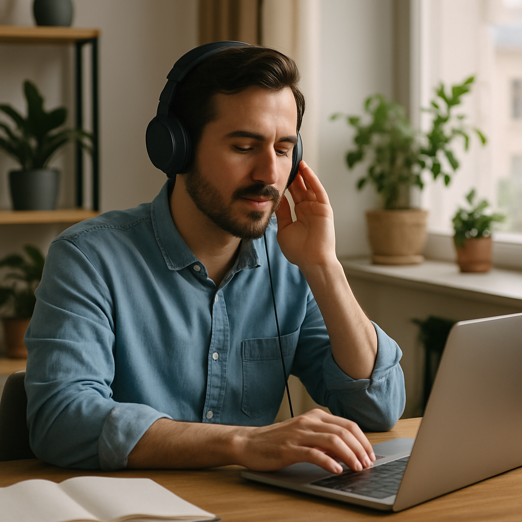 Man using music for focus and concentration showing music and mental wellbeing benefits