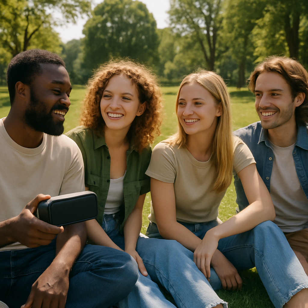 Friends enjoying outdoor music together reflecting the positive impact of music and mental wellbeing