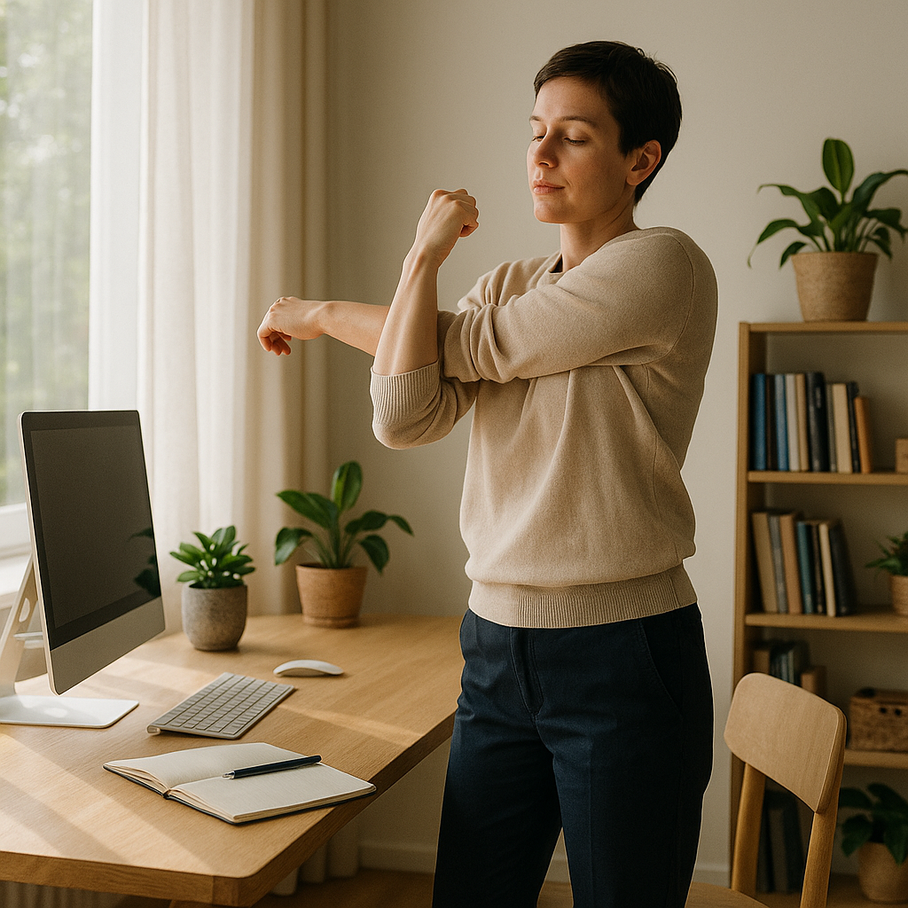 Person doing a simple shoulder stretch beside their desk to relieve desk fatigue
