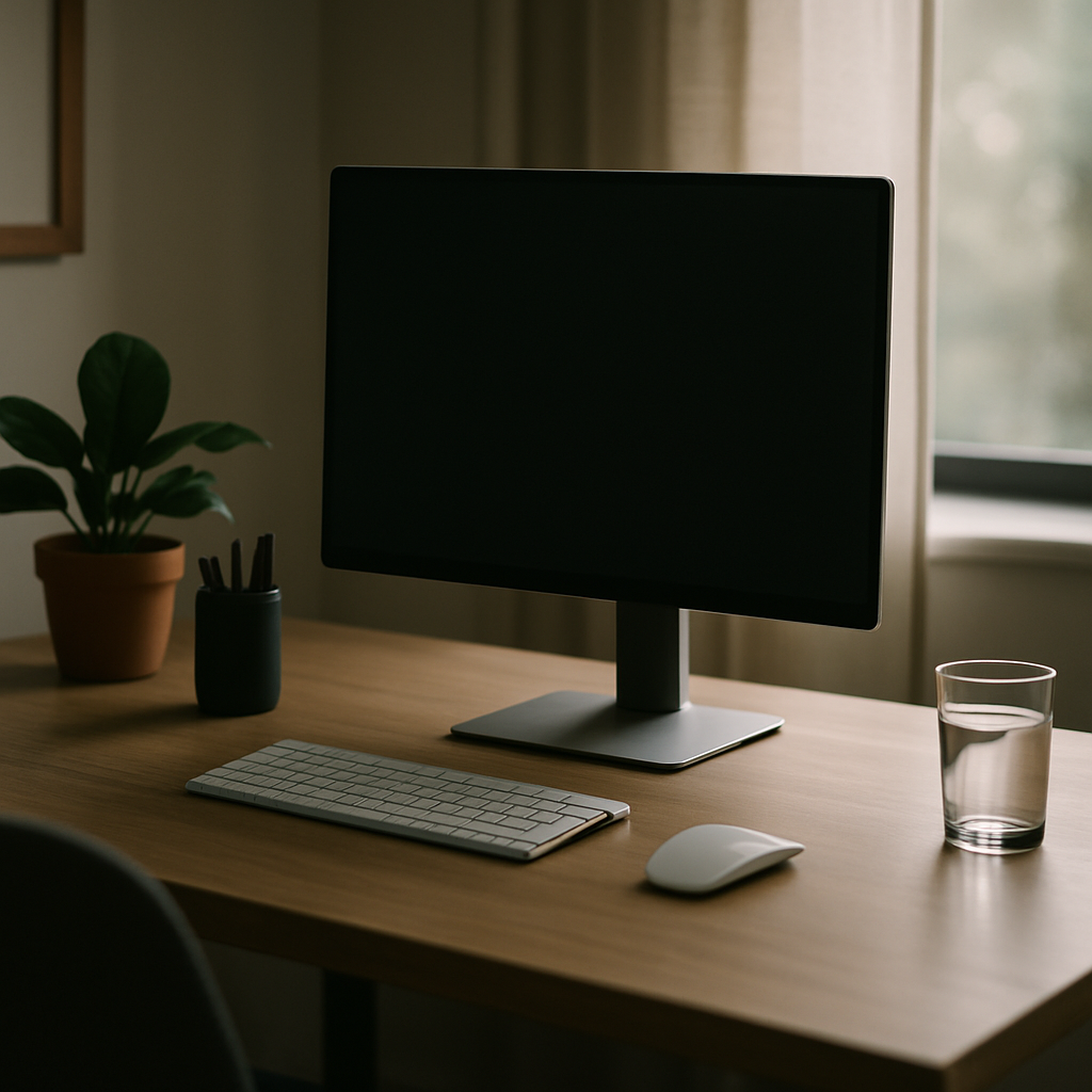 Well-organised ergonomic home office workstation set up to help reduce desk fatigue
