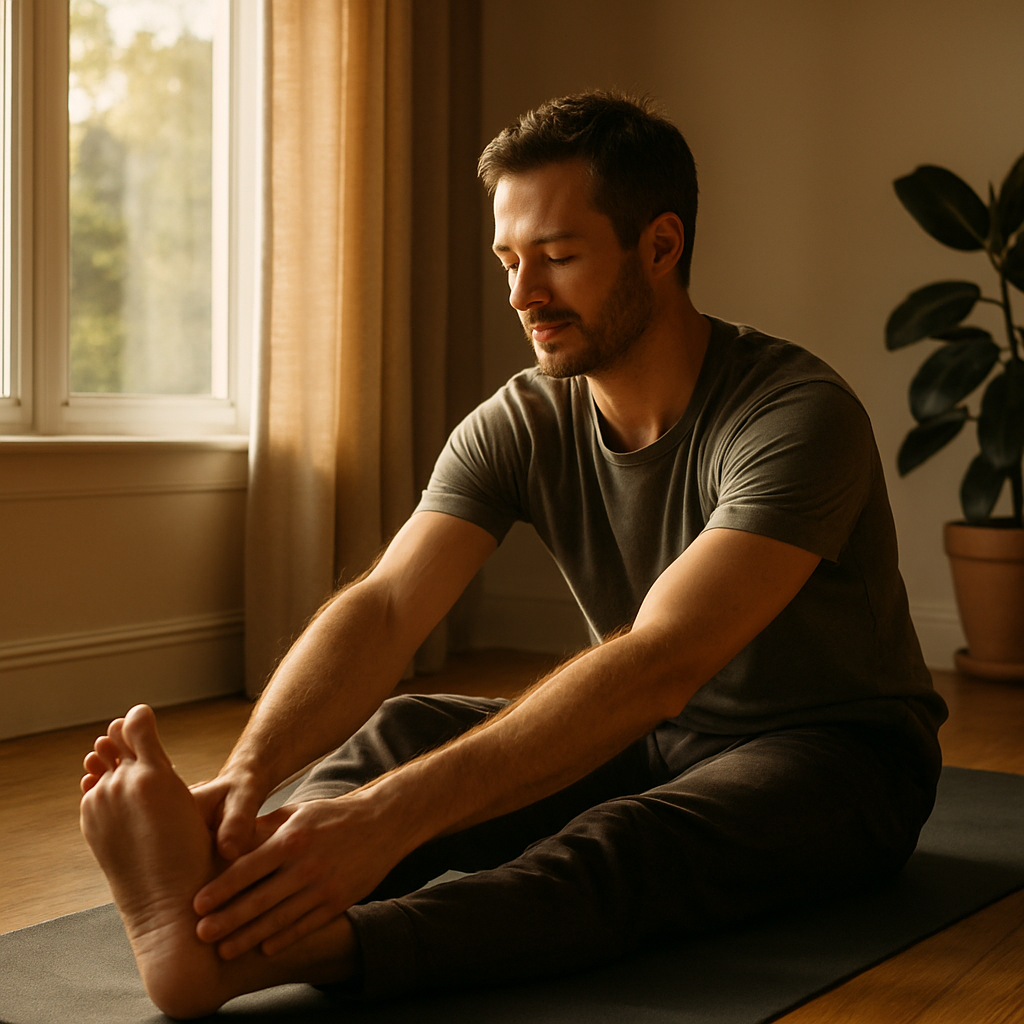 Man doing gentle stretching at home during a return to exercise after illness