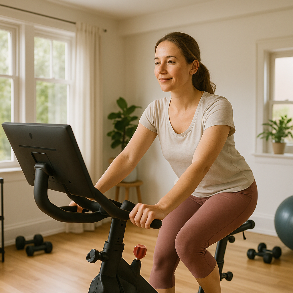 Woman on a stationary bike during a low-intensity return to exercise after illness