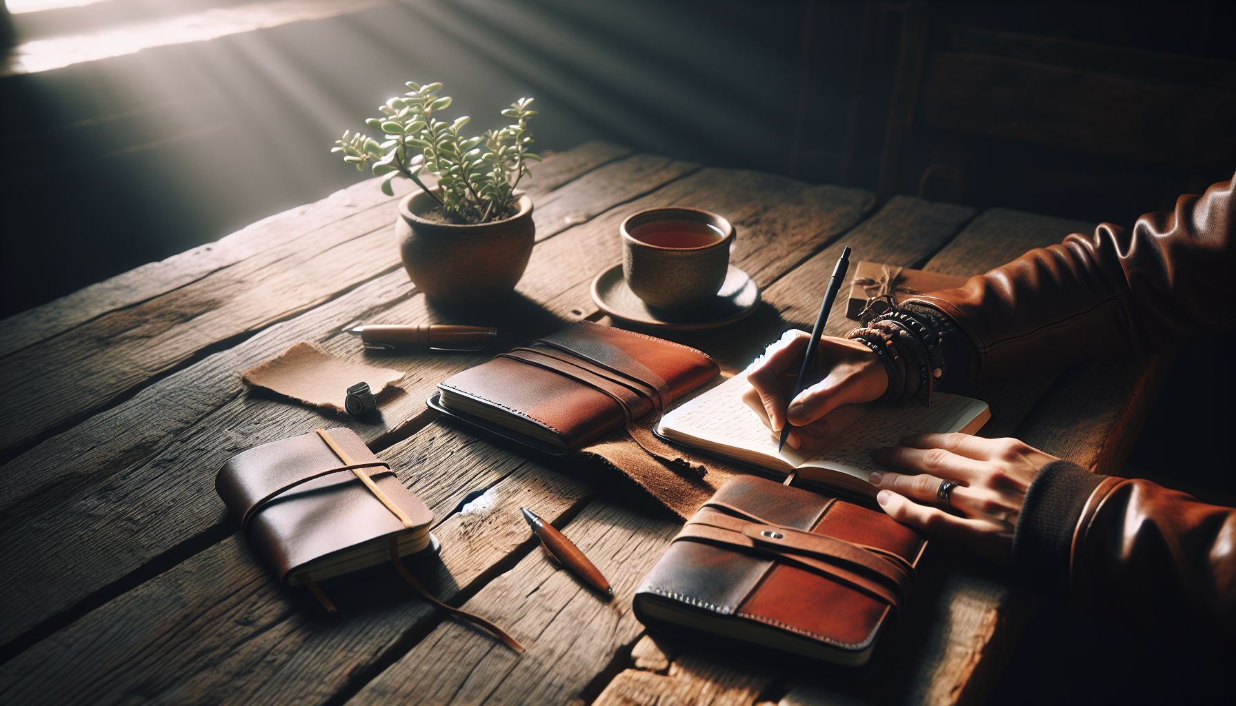 Journalling as part of a daily morning wellness routine on a wooden table