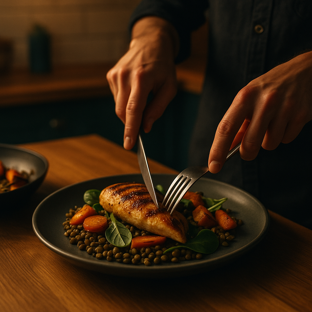 Hands preparing a high-protein meal showing practical protein timing through food distribution