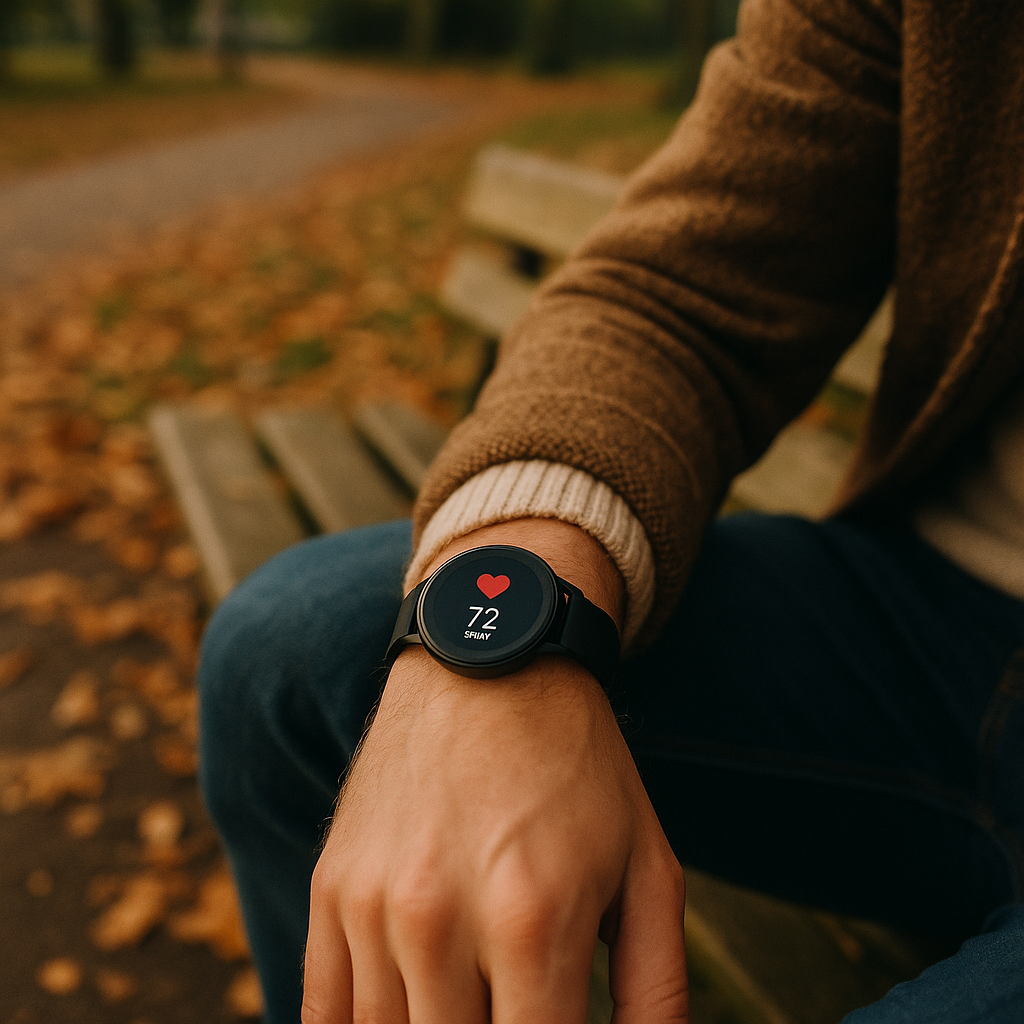 Checking heart rate during zone 2 cardio training on a fitness watch in a British park