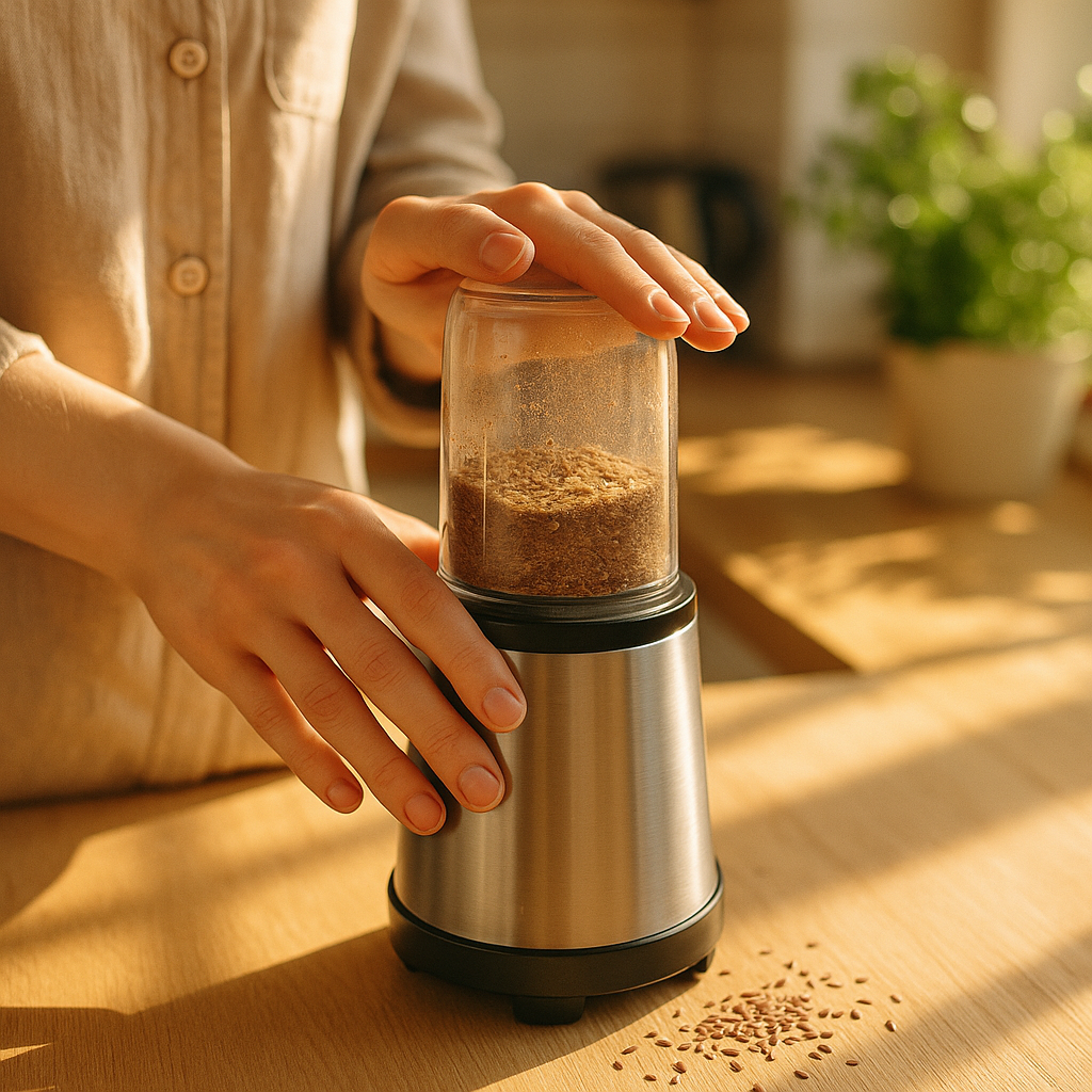 Close-up of grinding flaxseeds as part of a seed cycling for hormones routine