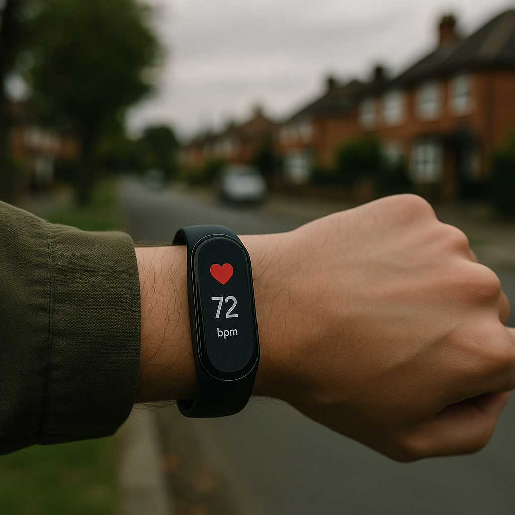Fitness tracker showing heart rate during zone 2 cardio training on a UK street