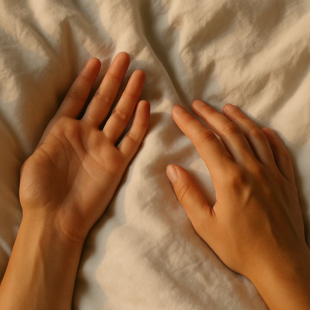 Close-up of relaxed hands on bedding illustrating sensory awareness used in the 5-4-3-2-1 sleep method