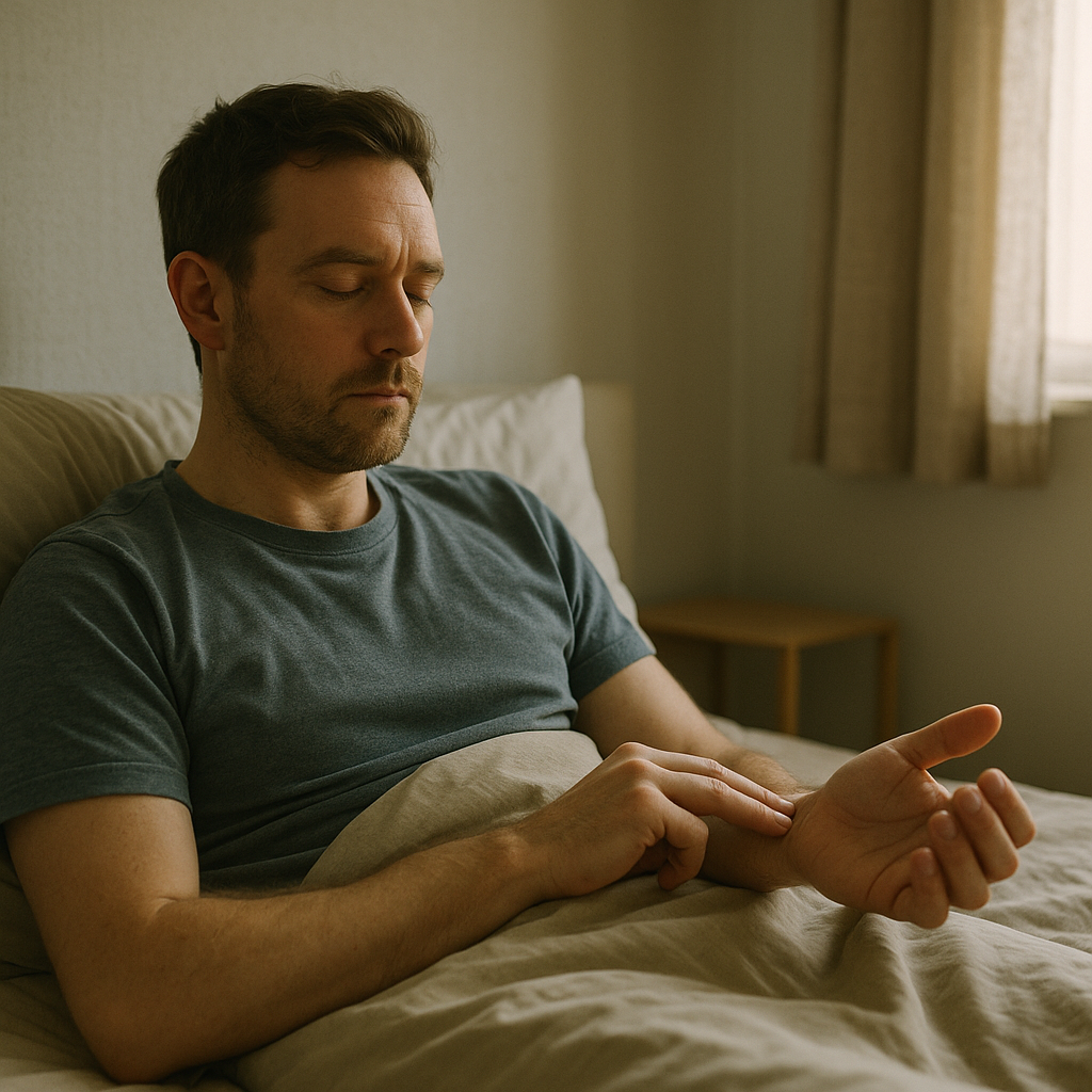 Man measuring his resting heart rate healthy range UK style in a calm morning bedroom setting