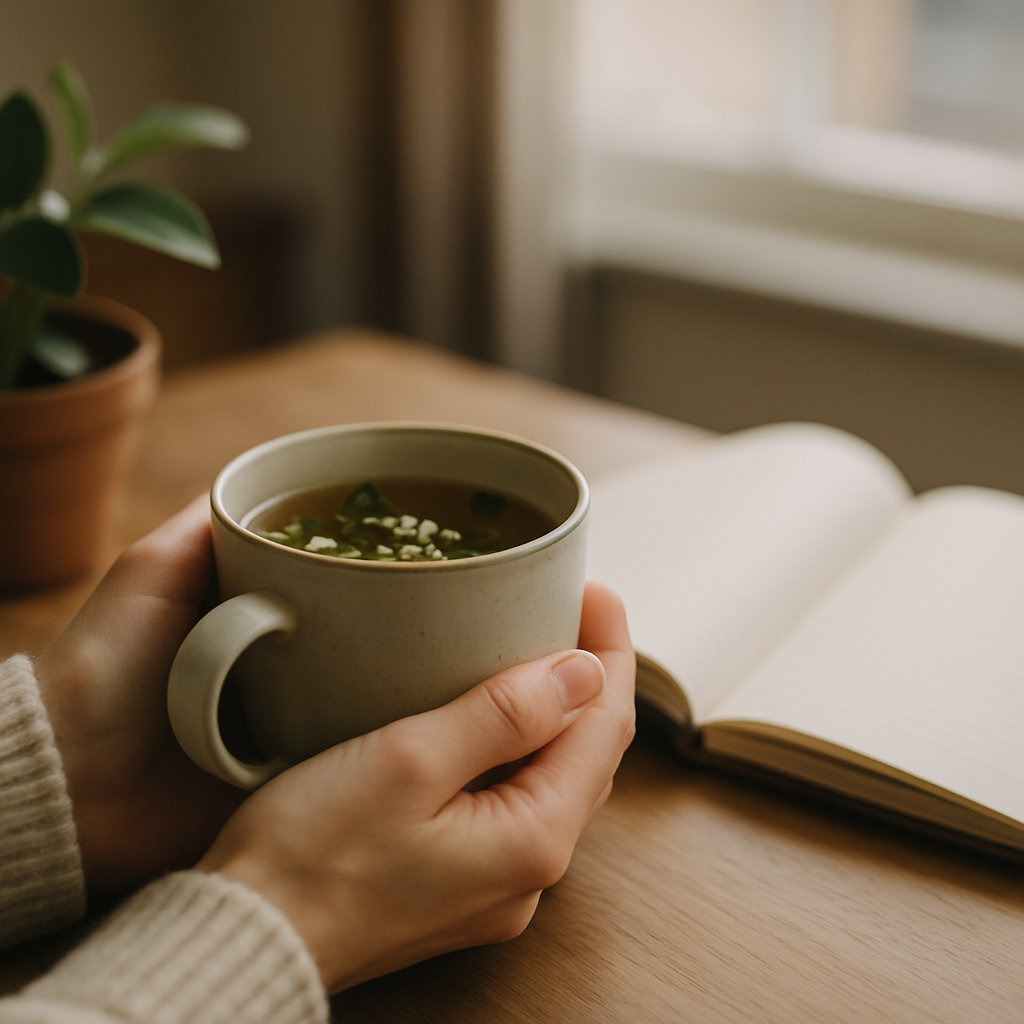 Quiet morning rest routine as part of managing inflammaging through stress reduction and sleep