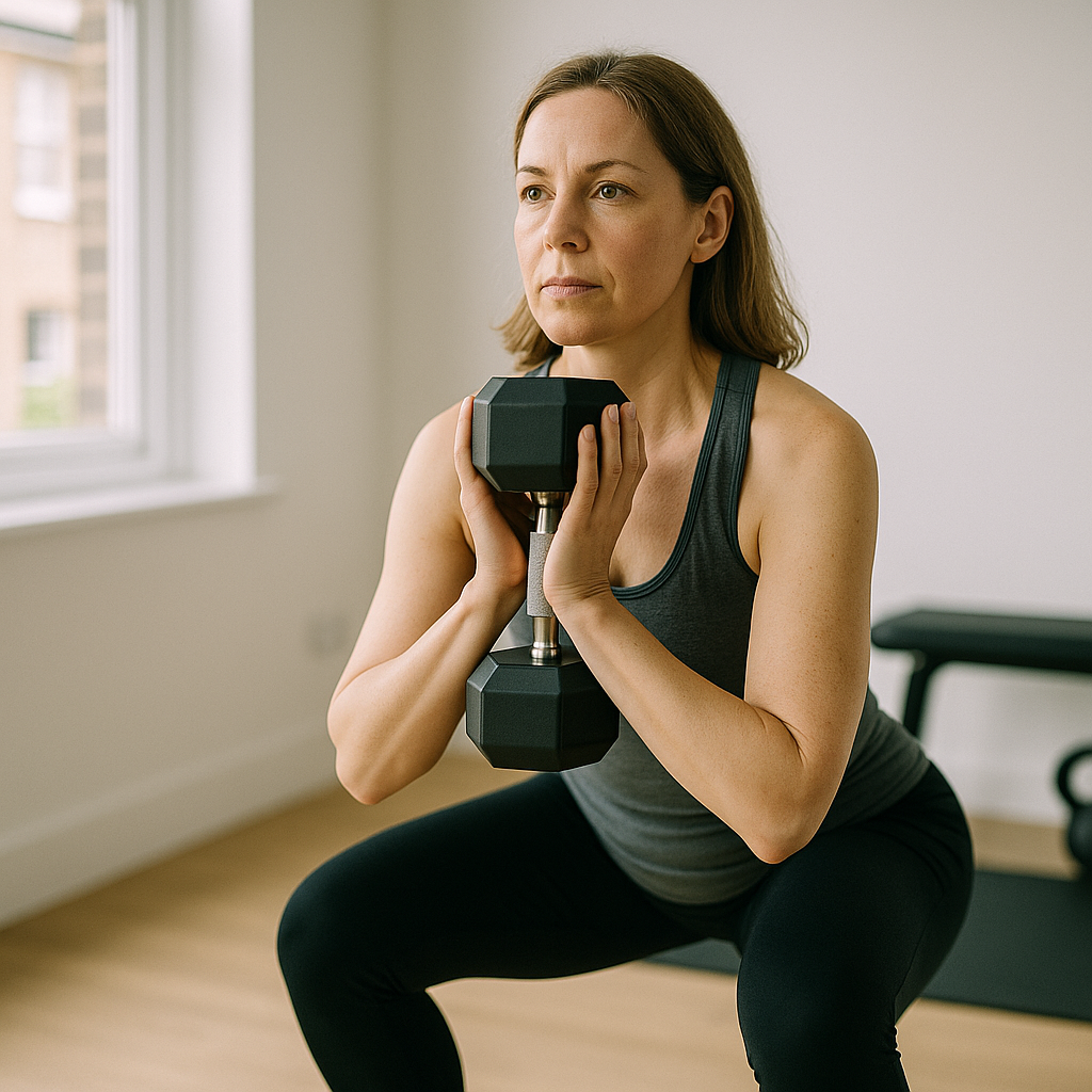 Woman in her forties doing strength training at home, relevant to perimenopause exercise advice UK