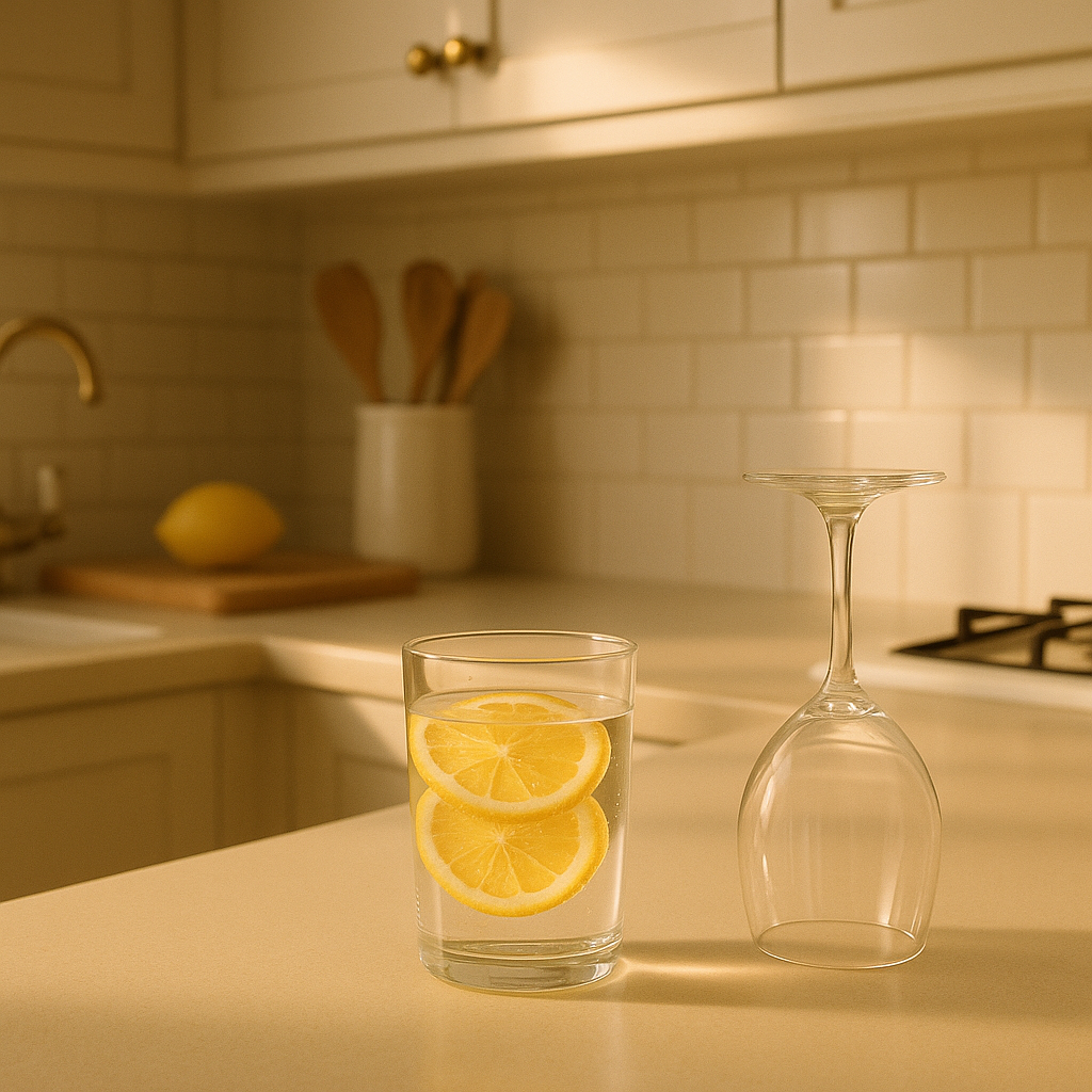 Glass of water on a British kitchen counter representing the benefits of stopping alcohol UK