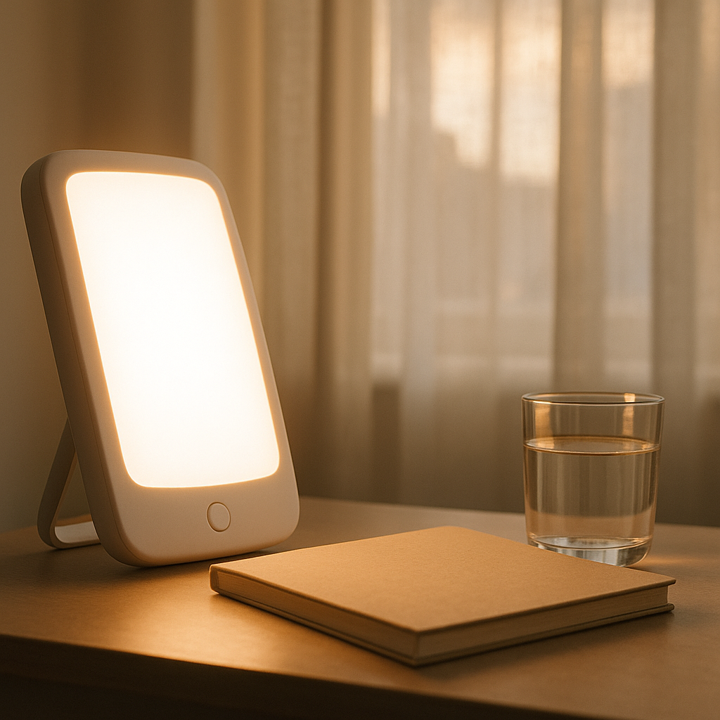 Light therapy lamp on a desk, a tool used in managing seasonal affective disorder