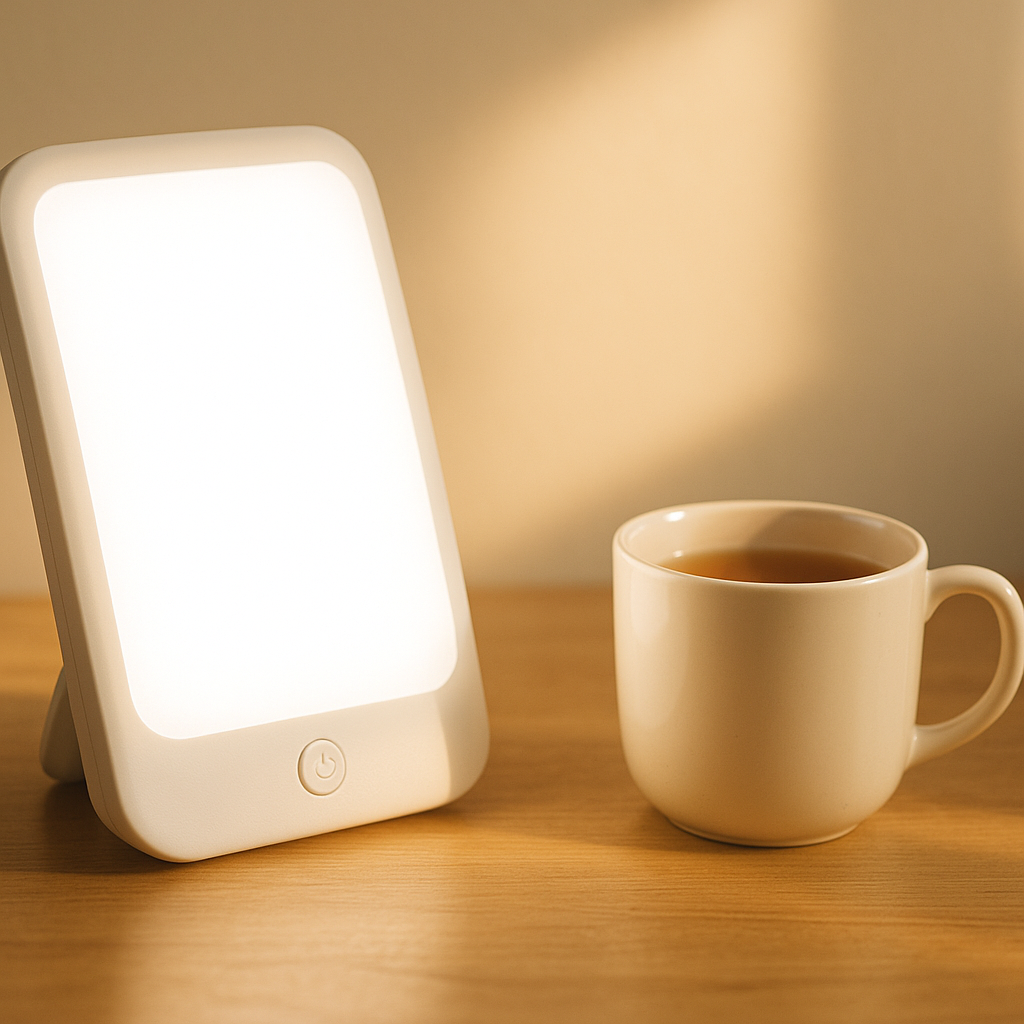Light therapy lamp on a desk, used as a treatment for seasonal affective disorder