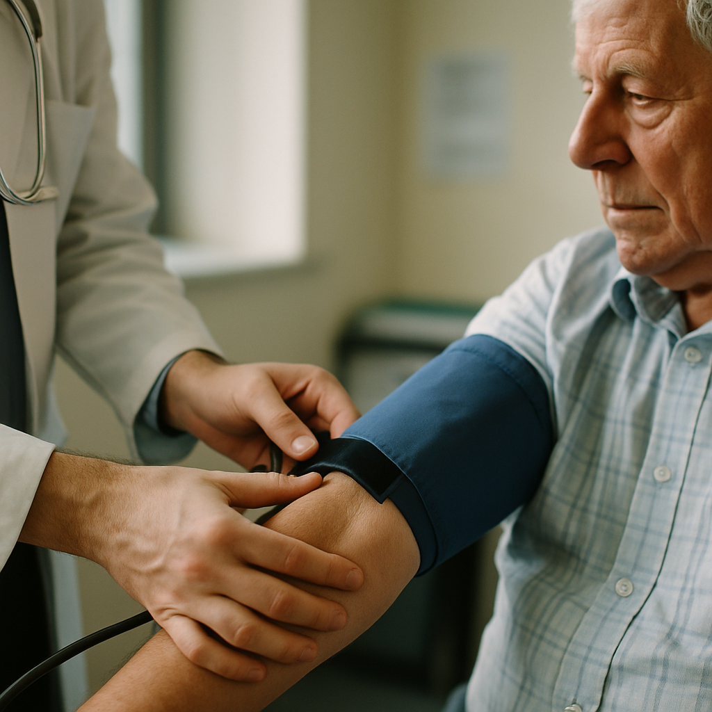 Blood pressure check at a GP surgery, representing cardiovascular risks linked to the physiological effects of loneliness