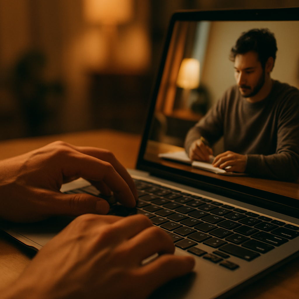 Close-up of virtual body doubling session on laptop with a focus partner visible on screen